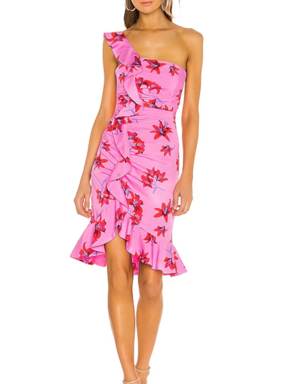 LIKELY Lois One Shoulder Ruffle Dress Pink Red Floral Women's - Size 0